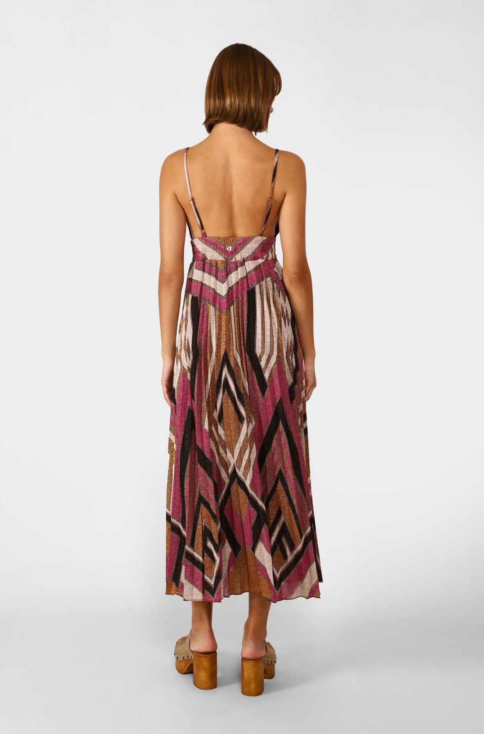 DIXIE LONG PLEATED GEOMETRIC-DESIGN DRESS WITH SPAGHETTI STRAPS A319J031A