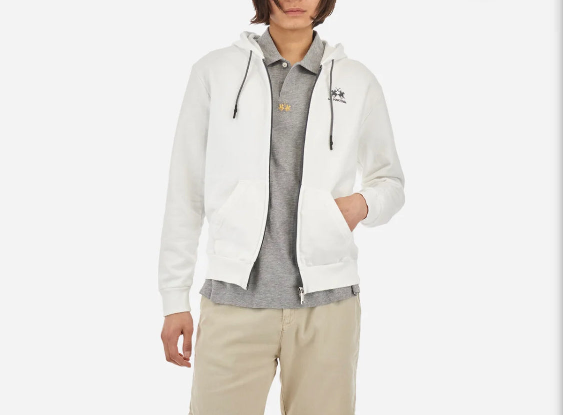 La Martina MAN BASIC FLEECE  FULL ZIP HOODED COTTON CCMF02 regular fit- off white CCMF02