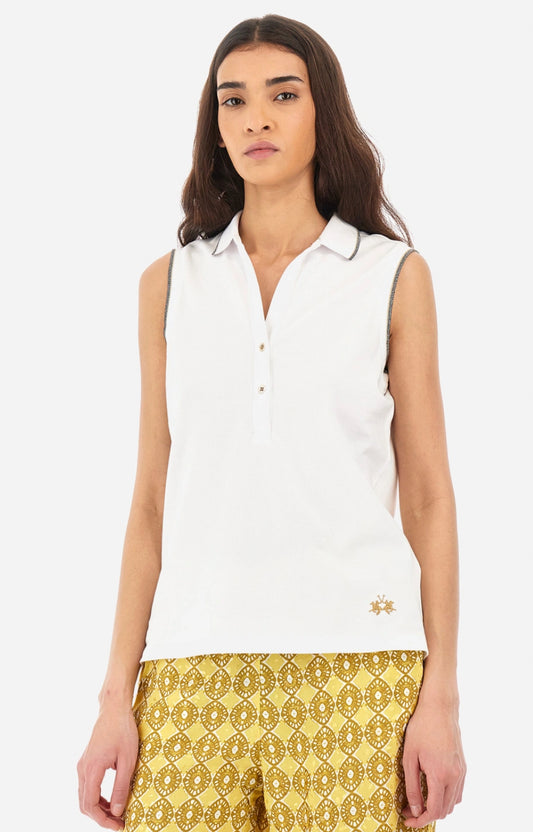 LA MARTINA WOMAN SLEEVELESS-POLO SHIRT IN ELASTICATED COTTON YWP005