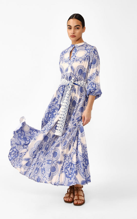 DIXIE LONG ROUND NECK DRESS WITH SASH BELT AND TWO TONE ABSTRACT PRINT AHQ9JEPA